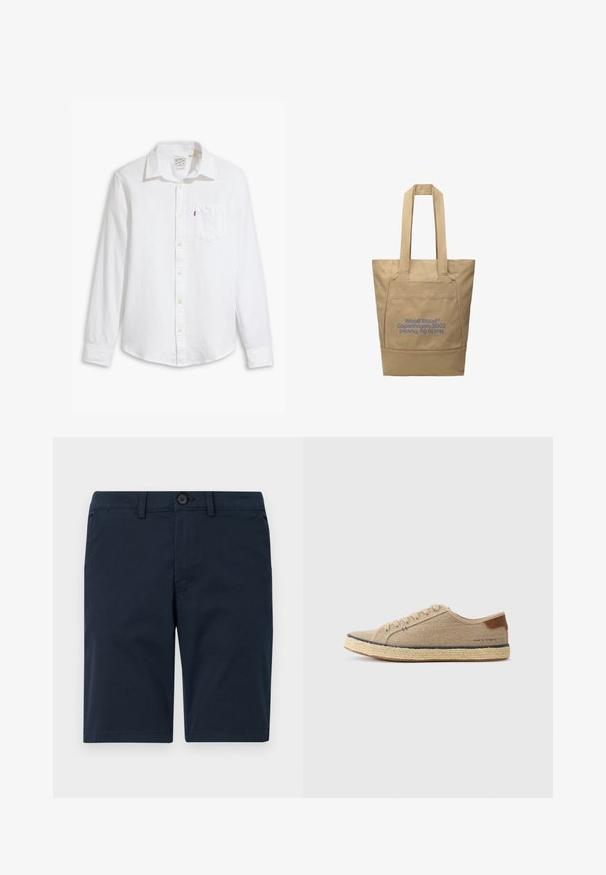 Weißes langärmeliges Hemd mit Knopfleiste aus Baumwolle. Verfügt über einen Kragen, eine Brusttasche und gelbe Knöpfe; glatte Textur und taillierte Passform.; Marineblaue Shorts aus Baumwollmischung, mit Knopfverschluss, Gürtelschlaufen und geradem Saum mit minimaler Gestaltung.; Beige Leinenschuh mit runder Zehenpartie, Jutesohle, braunem Lederakzent an der Ferse und tonal abgestepptem Seitenteil.; Beige Leinwandtasche mit langen Griffen und Fronttasche, mit blauem Text "Wood Wood® Copenhagen, 2002 Not to Be Trusted", der auf dem Kopf gedruckt ist.