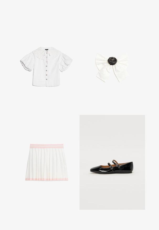 Blouse blanche avec grand col festonné, boutons dorés sur le devant et manches courtes bouffantes volumineuses.; Jupe plissée blanche avec ceinture et bordure rose pâle, longueur genou, vue à plat sur fond blanc.; Ballerine plate en cuir verni noir avec un bout pointu, deux brides ajustables avec boucles, et une semelle plate. Texture lisse avec une finition brillante.; Nœud en tissu blanc avec un centre rosette noir décoré de petites perles argentées sur un fond blanc uni.