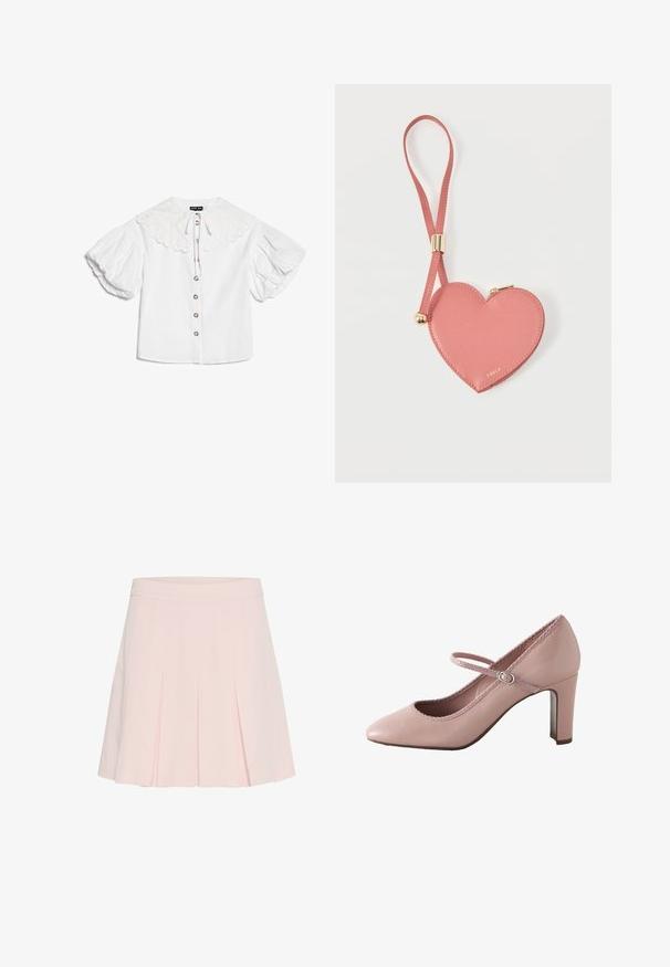Weiße Bluse mit großem geschwungenem Kragen, goldfarbenen Knöpfen vorne und voluminösen kurzen Puffärmeln.; Heller rosa, plissierter Rock mit einem taillierten Bund. Hergestellt aus weichem Stoff, zeichnet er sich durch scharfe Falten und eine glatte Textur aus.; Rosa Lederschuh mit Absatz, abgerundeter Spitze, Knöchelriemen und gewelltem Rand. Verfügt über einen schlanken Blockabsatz für zusätzlichen Halt.; Pinkes herzförmiges Leder-Münzetui mit Handgelenkriemen und goldenem Reißverschluss, mit kleinem goldfarbenem "Furla"-Schriftzug.