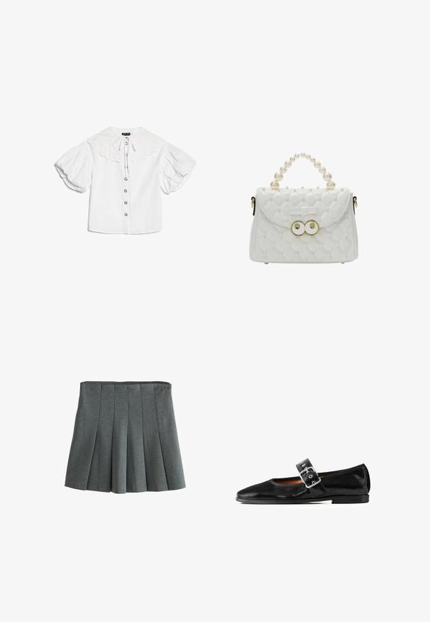 Witte blouse met grote geschulpte kraag, goudkleurige knopen aan de voorkant en volumineuze korte pofmouwen.; Grijze geplooide rok van lichtgewicht stof, met een aansluitende taille en gestructureerde plooien die een uitlopende silhoutte creëren.; Zwarte Mary Jane platte schoen van lakleer, met een afgeronde neus, verstelbare gespband, textuur op het oppervlak, lage zool met minimale profielvoering.; Witte doorgestikte handtas met parelversieringen, parelhandvat, kleine strik en gouden ronde gesp op een witte achtergrond.