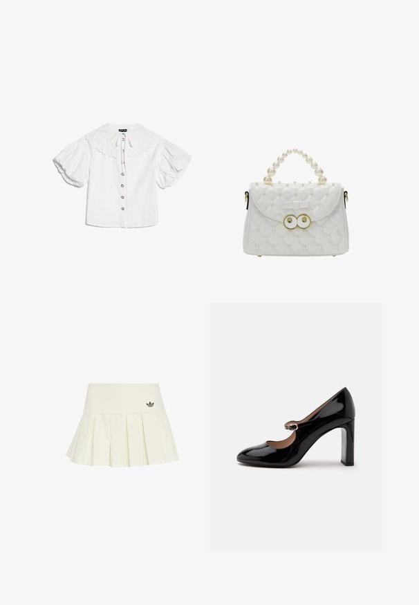 Witte blouse met grote geschulpte kraag, goudkleurige knopen aan de voorkant en volumineuze korte pofmouwen.; adidas Originals Minirok - off white; Zwarte lakleren Mary Jane hoge hak schoen met een afgeronde neus en een klein gespspannetje over de wreef op een witte achtergrond.; Witte doorgestikte handtas met parelversieringen, parelhandvat, kleine strik en gouden ronde gesp op een witte achtergrond.