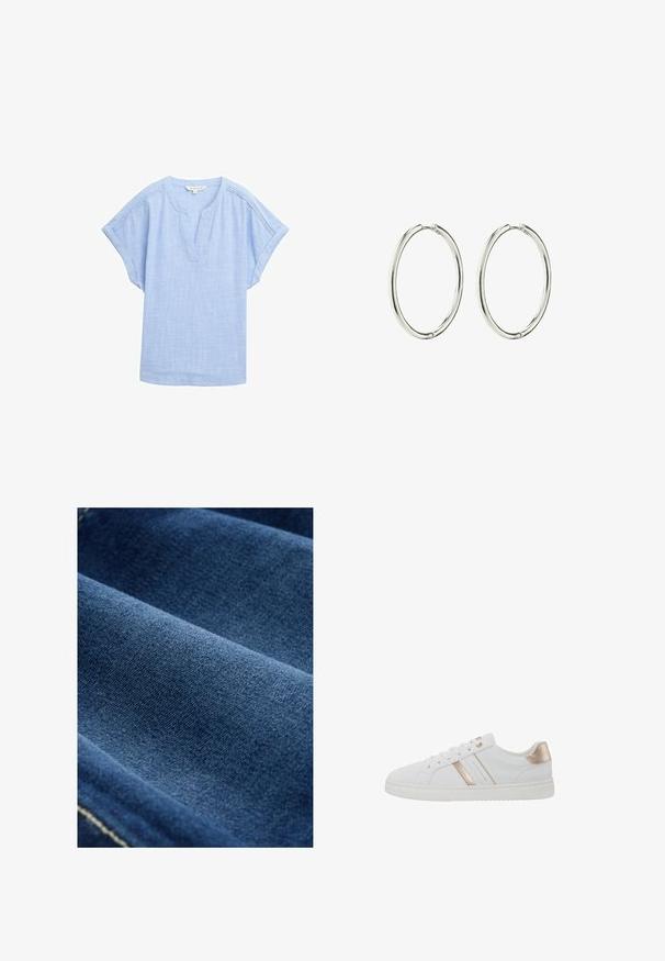 Hellblauses, kurzärmeliges Hemd aus einem atmungsaktiven Stoff, mit einem V-Ausschnitt und einem dezenten, strukturierten Muster.; Dunkelblauer Denim-Stoff mit glatter Textur, sichtbarem Gewebe und subtiler Dehnung. Verfügt über schwache Nähte entlang der Kanten.; Weiße Sneaker mit einem Low-Top-Design, glattem, lederähnlichem Material, metallic roségoldenen Akzenten und einer strukturierten Gummisohle.; Silberne Creolen mit einer glatten, polierten Oberfläche. Runde Form, leichtes Design und mit einem sicheren Verschlussmechanismus ausgestattet.