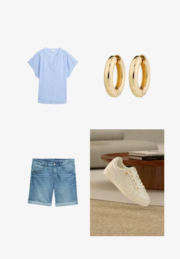 Hellblauses, kurzärmeliges Hemd aus einem atmungsaktiven Stoff, mit einem V-Ausschnitt und einem dezenten, strukturierten Muster.; Jeansshorts in Hellblau mit einem verblassten Finish, featuring aufgerollten Säumen, Fünf-Taschen-Design und Metallknopfverschluss an der Taille.; Weißer Ledersneaker mit goldenen Ösen und Logospange, nahe einem runden Holztisch mit gestapelten Büchern in einem modernen Wohnzimmer platziert.; Goldene Creolen mit einer glatten, polierten Oberfläche und runder Form. Die innere Kante weist ein dezentes Spalt-Detail zum Verschließen auf.