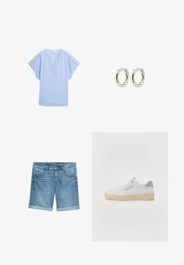 Lys blå kortærmet skjorte i et åndbart stof, med v-halsudskæring og en subtil tekstureret mønster over hele. ; Denimshorts i lyseblå med en falmet finish, udstyret med opsmøgede kanter, fem lomme-design og metalknaplukning i taljen.; Mænds hvide sneakers med en glat overflade, grå detaljer, rund tå og en beige gummisål. Har et sidelabel og perforerede detaljer.; Sølv hoops øreringe med en glat, shiny finish. Rundet form med en sikker lukning. Minimalistisk design med en subtil twist-detalje.