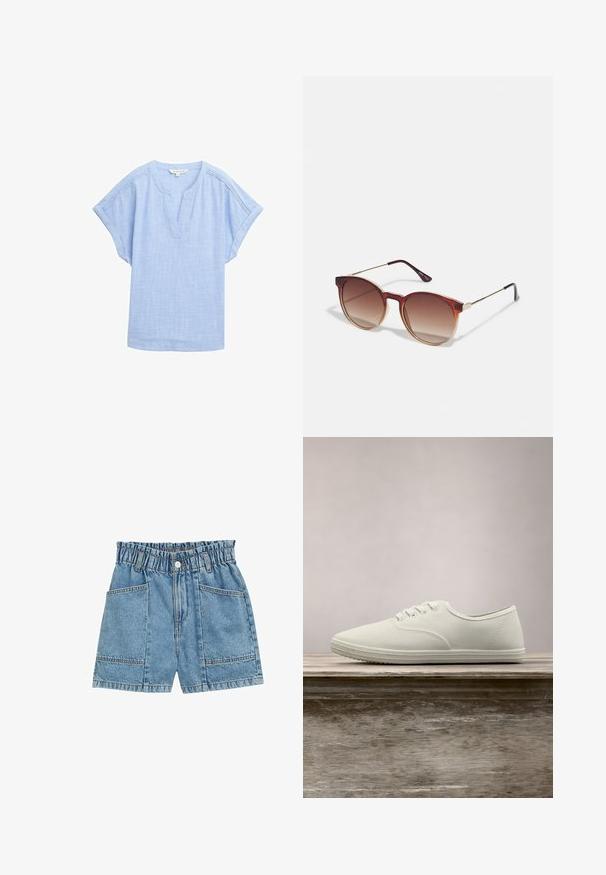 Camisa corta de manga en azul claro hecha de una tela transpirable, con escote en forma de V y un sutil patrón texturizado en toda la prenda.; Shorts de mezclilla con cintura elasticada, color azul claro, cuatro bolsillos y costuras visibles a lo largo de las costuras.; Zapatillas de lona blancas con punta redondeada, seis ojales y suela de goma texturizada, suspendidas sobre una superficie de madera con hierba verde al fondo.; Gafas de sol redondas con lentes de gradiente marrón, una montura de acetato carey y acentos de metal dorado en el puente y las patillas.