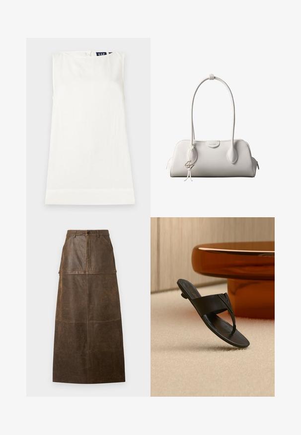 Top blanco sin mangas con cuello redondo y una pequeña etiqueta de GAP visible en la parte trasera del cuello, colocado plano sobre un fondo claro.; Falda midi de cuero marrón con cintura alta, bolsillos frontales y una textura suave que presenta costuras visibles.; Sandalia negra de cuero tipo tanga con tacón bajo flotando sobre una alfombra beige cerca de una mesa redonda marrón en un entorno interior minimalista.; Bolso de hombro blanco de Calvin Klein con asas largas, forma rectangular, cierre de cremallera y charm decorativo con el logo colgando cerca del asa.