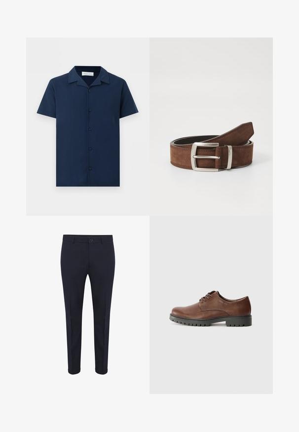 Chemise bleu marine à manches courtes avec col camp et cinq boutons sur le devant, présentée sur un fond blanc uni.; Pantalons taillés bleu marine en tissu lisse, avec fermeture par bouton, poches avant et ourlets retournés. Design slim fit avec des lignes épurées.; Chaussure oxford en cuir marron avec une texture lisse, bout rond et semelle extérieure en caoutchouc noir avec un motif de semelle. Lacets fixés à l'avant.; Ceinture en suède marron avec une boucle en métal argenté et des détails de coutures linéaires. La ceinture est plate et a une largeur et une forme classiques.