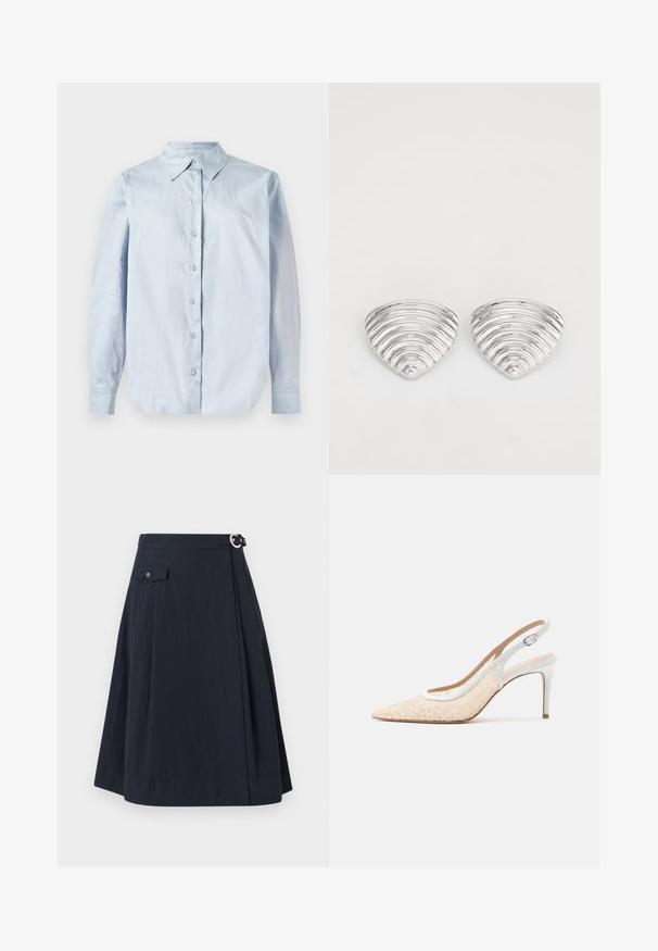 Chemise à manches longues bleu clair, fabriquée en tissu lisse. Elle présente un col classique, des boutons à l'avant et un ourlet arrondi.; Jupe évasée bleu marine avec fermeture à boutons sur le côté, dotée d'une poche avant et d'un tissu lisse et léger avec un léger éclat.; Escarpin slingback beige à bout pointu avec superposition de dentelle florale blanche et bride de cheville blanche réglable.; Boucles d'oreilles en argent avec un design ondulé et texturé, en forme de croissants superposés ; la finition polie accentue les qualités réfléchissantes.