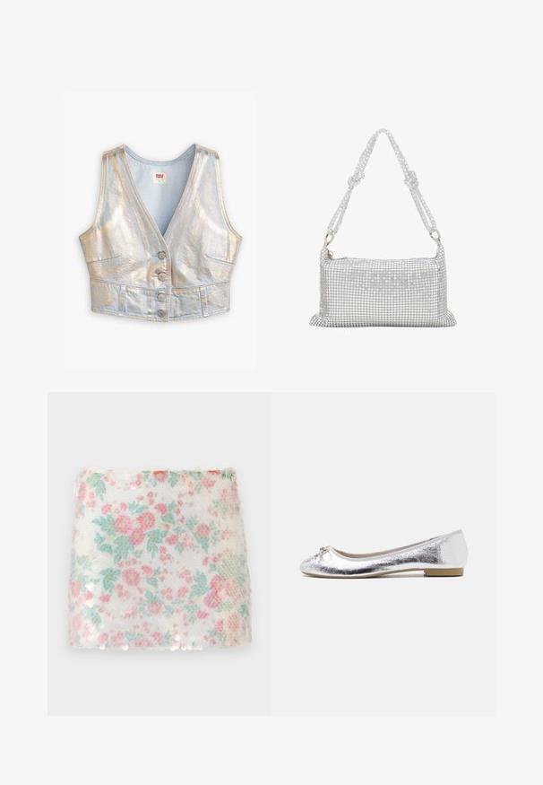 Lys blå denim cropped vest med V-hals, metallisk glans, fem-knap lukning og to frontlommer; generelt glat tekstur.; Hvidt stof med blomstermønster i pastelfarvet pink og grønne blomster, der har en struktureret overflade og diskrete palietter langs bunden.; Sølv balletflade med metallisk finish, rund tå, sløjfeaccent foran og en lav hæl for ekstra komfort.; Sølvnet taske med rektangulær form, prydet med små runde pailletter, med en fletning af strop med knuder og lynlås-lukning.