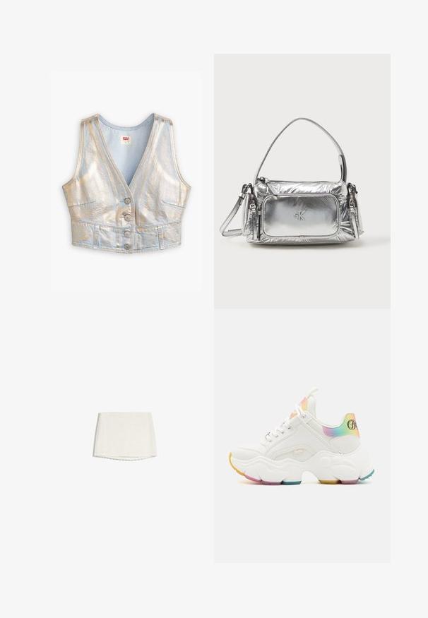 Gilet en denim bleu clair, court, avec un col en V, une brillance métallique, une fermeture à cinq boutons et deux poches avant ; texture globale lisse.; Mini-jupe en dentelle blanche avec motif floral subtil et ourlet en forme de festons, présentée sur un fond blanc.; Baskets blanches épaisses avec des accents arc-en-ciel au talon et à la languette, semelle épaisse texturée avec des grips multicolores, et fermeture à lacets.; Sac à main en argent métallique de forme rectangulaire, avec une fermeture éclair sur le dessus et une poche avant. Il est doté d'une courte poignée et d'une sangle réglable. Fini texturé.