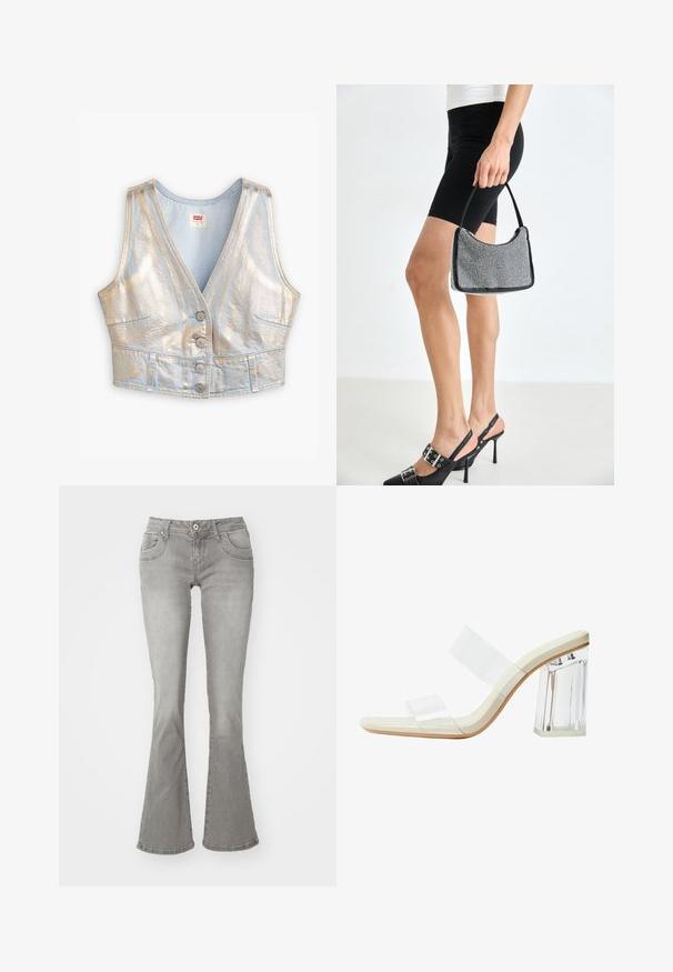 Gilet en denim bleu clair, court, avec un col en V, une brillance métallique, une fermeture à cinq boutons et deux poches avant ; texture globale lisse.; Jeans gris évasés avec une taille mi-haute, poches avant et fermeture à bouton, fabriqués en denim avec une texture lisse.; Sandales à talons transparents avec des brides transparentes, une semelle de couleur beige et un gros talon en acrylique transparent. Design épuré et lisse avec une esthétique minimaliste.; Sac à main à perles noires avec une silhouette courbée, une poignée de transport et une texture brillante. Porté avec des chaussures à talons hauts noires et un short noir ajusté.