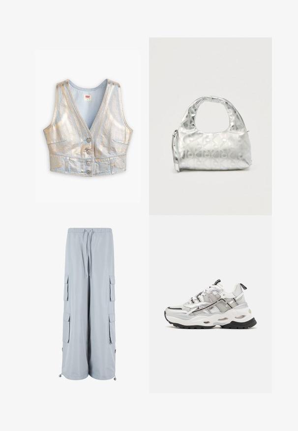 Gilet en denim bleu clair, court, avec un col en V, une brillance métallique, une fermeture à cinq boutons et deux poches avant ; texture globale lisse.; Pantalons cargo gris clair avec une taille élastique, fermeture à cordon de serrage, poches latérales et ourlets ajustables. Fabriqués dans un tissu léger et doux.; Baskets de sport blanches et grises en matériaux en maille et synthétiques, semelle épaisse, profil de crampons noirs proéminents, et design à lacets avec des accents.; Sac à main argenté avec un motif texturé de formes géométriques et de cercles, doté d'une poignée arrondie et d'une bandoulière amovible.