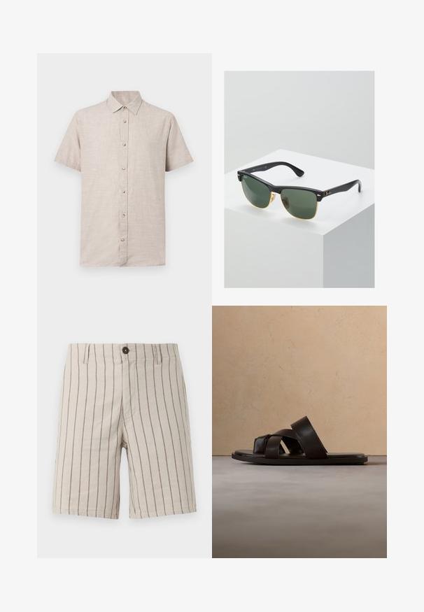 Beige kortærmet skjorte med knapper og spidst krave i tekstureret stof, vist fladt mod en hvid baggrund.; Beige shorts med tynde lodrette brune striber, knaplukning, bæltestropper og for flap.; Sort lædersandal med tre krydsede stropper, flad sål og glat tekstur, hængende over et vævet naturskinds tæppe.; Ray-Ban solbriller med grønne linser, sorte plastikstel og gyldne detaljer ved kanterne. Firkantet form med mat finish.