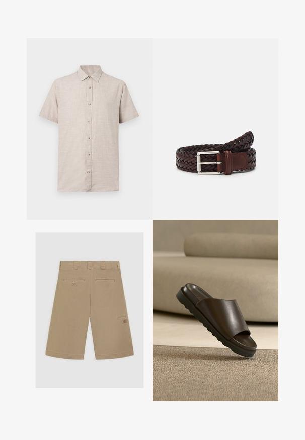 Beiges Kurzarm-Hemd mit Knopfleiste, spitzem Kragen und strukturierter Stoffoberfläche, flach auf weißem Hintergrund liegend.; Helle braune Shorts mit flachem Bund, zwei Gesäßtaschen und einer Seitentasche. Aus glattem Baumwollstoff gefertigt.; Dunkelbraune Lederslide-Sandale mit dicker Sohle auf beigem Teppich vor einem geschwungenen beigen Sofa.; Geflochtenem braunes Leder-Gürtel mit einer silbernen Schnalle. Verfügt über eine gewebte Textur und einen glatten Lederakzent in der Nähe der Schnalle.