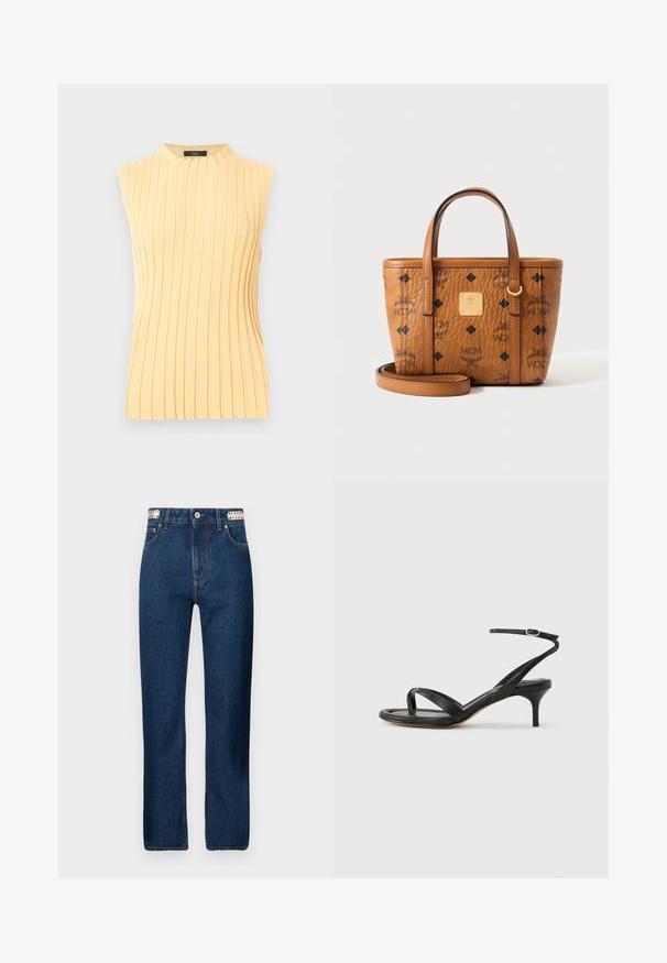 Top de punto sin mangas de color amarillo pálido con cuello alto redondo y rayas verticales texturizadas.; Rabanne Vaqueros rectos - dark blue denim; Sandalia negra de cuero para mujer con tiras finas, un lazo para el dedo del pie, hebilla en el tobillo y tacón de aguja de altura media sobre un fondo neutro.; Bolso MCM de cuero marrón con patrón de logotipo negro, dos asas, una correa desmontable y una pequeña placa metálica dorada en la parte frontal.