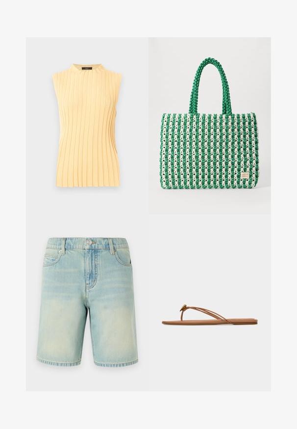 Haut sans manches jaune pâle en maille côtelée avec un col rond haut et des rayures texturées verticales.; Shorts en denim bleu clair avec une finition délavée, dotés d'un design à cinq poches, de coutures visibles et d'une fermeture à bouton métallique à la taille.; Sandale plate beige avec fines doubles lanières sur le doigt de pied et le côté, ornée d'un petit élément décoratif métallique près de la bride entre les orteils.; Sac fourre-tout tissé vert et blanc avec une forme rectangulaire structurée, une finition texturée et deux poignées solides. Présente une étiquette de logo sur le côté.