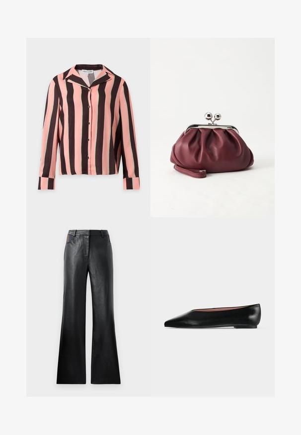 Chemise à manches longues boutonnée avec des rayures verticales roses, noires et vert clair et un col pointu.; Pantalon évasé en cuir noir avec une texture lisse, comportant deux poches avant avec des accents noirs et marron près de la taille.; Chaussure plate en cuir noir pour femme, avec bout pointu et petit talon, vue de côté sur un fond gris clair uni.; Petit sac pochette en cuir bordeaux avec fermoir métallique argenté et bracelet sur fond blanc.
