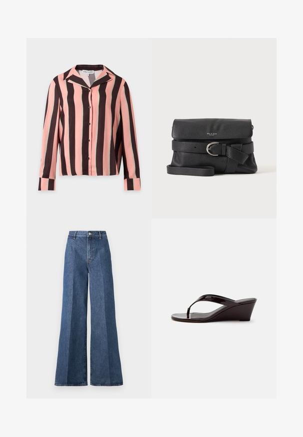 Langærmet skjorte med knapper, med lodrette pink, sorte og lysegrønne striber og spidst krave.; Bredde ben blå denim jeans med høj talje, med klassisk fem-lomme stil og knaplukning, lavet af struktureret bomstof.; Brun patentlæder kile-sandal med tåremme og åben tå, vist i sideprofil på en ensfarvet baggrund.; Sort crossbody taske i prikket læder med klaplukning, sølv spænde bælte detalje og justerbar skulderrem på ensfarvet baggrund.