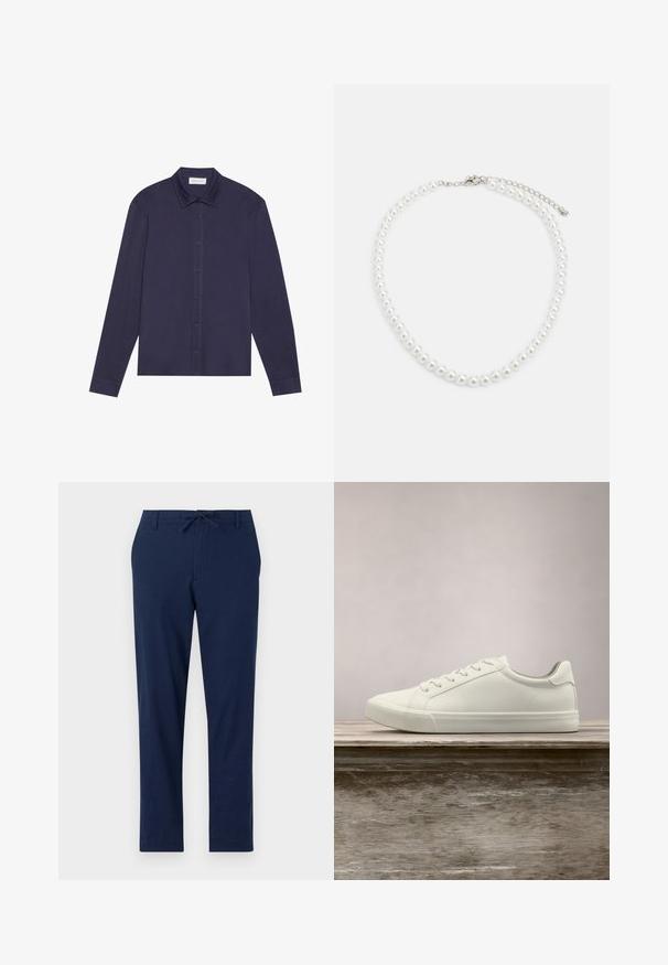 Camisa de manga larga en color navy, hecha de una tela suave, con cierre de botones en la parte delantera, cuello puntiagudo y un corte ligeramente ajustado.; Pantalones azul marino de material ligero con cintura ajustable y perneras estrechas, que cuentan con bolsillos delanteros y traseros.; Zapatilla blanca con cordones flotando sobre un banco de madera con follaje verde al fondo, mostrando el diseño y la textura del zapato.; Collar de perlas blancas con forma redonda uniforme, superficie suave y cierre de metal con cadena de extensión para longitud ajustable.