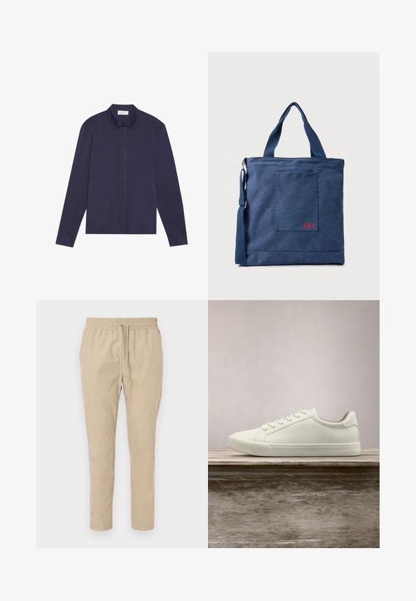 Chemise à manches longues bleu marine en tissu lisse, avec un devant à boutons, un col pointu et une coupe légèrement décontractée.; Pantalons beiges légers avec une taille élastique et un cordon de serrage. Design à jambe droite, texture lisse, sans motifs ni accents visibles.; Sneaker en dentelle blanche flottant au-dessus d'un banc en bois avec un feuillage vert en arrière-plan, mettant en valeur le design et la texture de la chaussure.; Sac fourre-tout en toile bleue avec poche frontale et broderie rouge "O.N.S", doté de doubles poignées et d'une bandoulière réglable.