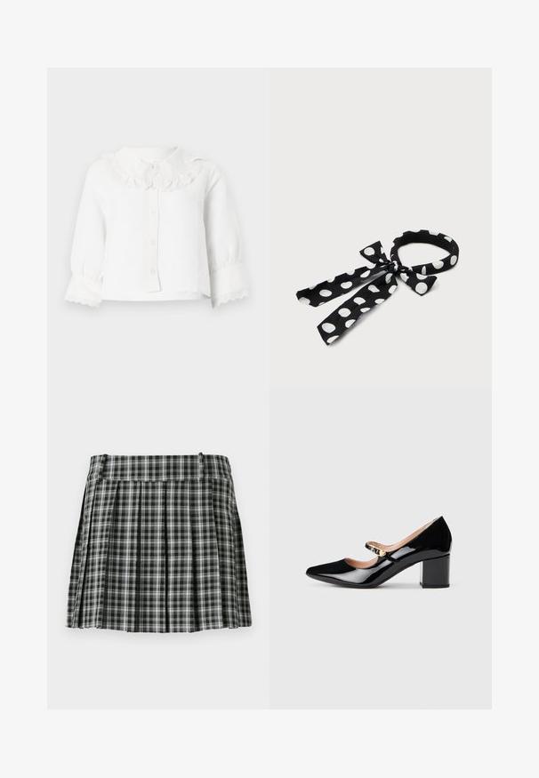 Blusa blanca de bebé de manga larga con cuello y puños de encaje con borde en forma de ondas, cierre frontal con botones y mangas ligeramente fruncidas.; Falda plisada de cuadros en blanco y negro con una cintura suave y múltiples pliegues verticales. Fabricada en un tejido ligero.; Zapatos de tacón Mary Jane de charol negro con punta afilada, tacón bloque medio y una hebilla decorativa dorada en la correa.; Cinta para la cabeza de tela negra con lunares blancos atada en un lazo y dos extremos sueltos sobre un fondo blanco.