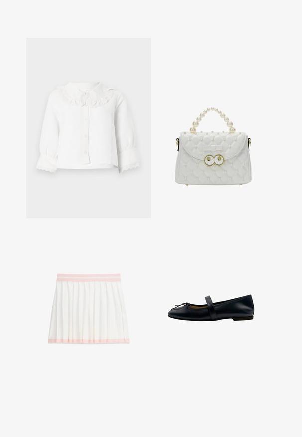 Witte babyblouse met lange mouwen, met een gegolfde kanten kraag en manchetten, knoopsluiting aan de voorkant en licht geplooide mouwen.; Witte geplooide rok met lichtroze tailleband en zoomdetail, kniehoogte, plat liggend op een witte achtergrond.; Flat ballerina schoen in marineblauwe leer, met een klein strikdetail, een lichte hak en een band over de wreef voor een veilige pasvorm.; Witte doorgestikte handtas met parelversieringen, parelhandvat, kleine strik en gouden ronde gesp op een witte achtergrond.