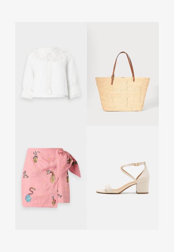 Hvid babybluse med lange ærmer, bølget blondekrave og manchetter, knapper foran og let opsamlede ærmer.; Lyserød slå-om-nederdel med forskellige broderede motiver, herunder slanger, vaser og planter, med gyldne og flerfarvede accenter over det hele.; Beige blokhælede sandaler med et minimalistisk design, åben tå og justerbar ankelrem med en guldbelsningsdetalje. Glat tekstur.; Beige vævet skuldertaske med stort tekstureret korsmønster foran og brune læder skulderstropper.