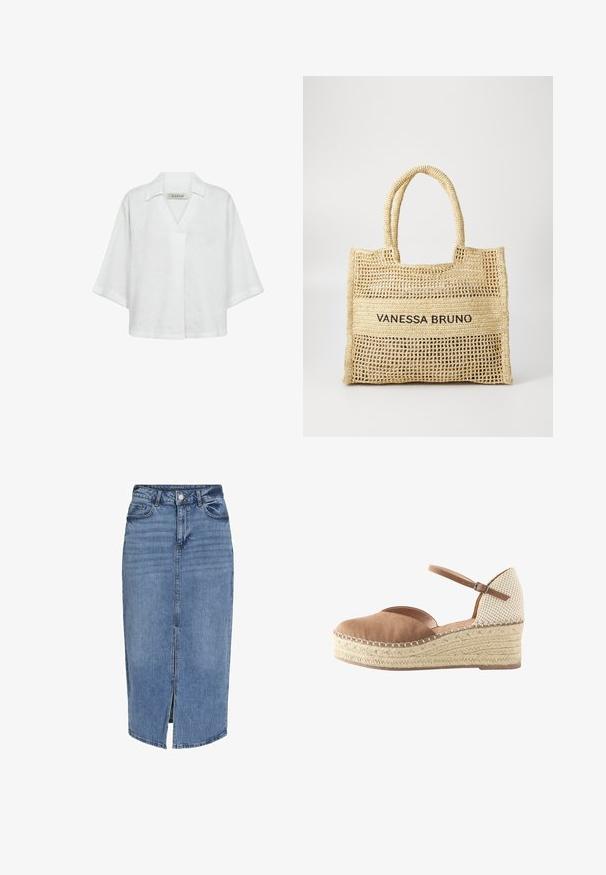 Witte linnen blouse met korte mouwen, voorzien van een kraag en een losse, comfortabele pasvorm. Effen structuur zonder patronen of accenten.; Lichtblauwe denim midi rok met een voorflap, vijf zakken, riemlussen en een knoopsluiting in de taille. Klassieke pasvorm en textuur.; Wedge espadrille schoen met bruine suède voorkant, beige geweven hak, gevlochten jute plateau en verstelbare enkelband met gesp.; Beige geweven draagtas met twee handvatten en "VANESSA BRUNO" in het zwart gedrukt op een solide geweven paneel in het midden.