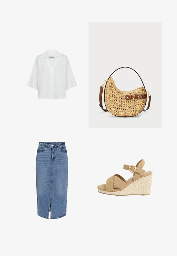 Weiße Leinenbluse mit kurzen Ärmeln, einem Kragen und einer lockeren, entspannten Passform. Schlichte Textur ohne Muster oder Akzente.; Denim-Midikleid in Hellblau mit einem Schlitz vorne, fünf Taschen, Gürtelschlaufen und einem Knopfverschluss an der Taille. Klassische Passform und Textur.; Beige Wildleder-Wedgesandale mit überkreuzten Vorderansätzen, Knöchelriemen, goldener Schnalle und geflochtenen Seildetails am Absatz.; Geflochtene Strohtasche in Form eines Hobos mit einer geschwungenen Silhouette, einem braunen Ledertrageriemen mit Schnalle und einer natürlichen, tanfarbenen Optik. Texturierte Oberfläche mit sichtbaren Nähten.