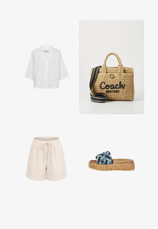 Weiße Leinenbluse mit kurzen Ärmeln, einem Kragen und einer lockeren, entspannten Passform. Schlichte Textur ohne Muster oder Akzente.; Hellbeige Leinen-Shorts mit elastischem Bund und vorderem Kordelzug, mit seitlichen Taschen und lockerem Schnitt.; Korkplattform-Sandale mit einem gewebten blauen Denim-Riemen, einem weichen beigen Fußbett und einer weißen Gummisohle mit einem strukturierten Muster.; Geflochtene Strohtasche mit zwei oberen Griffen, schwarzem gesticktem "Coach New York"-Logo, goldfarbenen Beschlägen und einem abnehmbaren gestreiften Schultergurt.