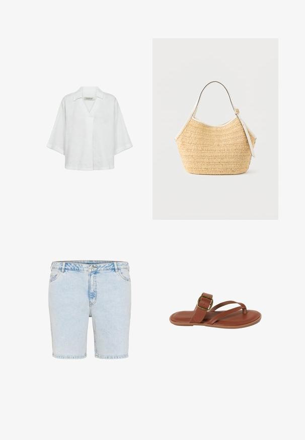 Hvid hørbluse med korte ærmer, der har en krave og en løs, afslappet pasform. Ensfarvet tekstur uden mønstre eller detaljer.; Lyseblå denimshorts med lige snit, fem lommer og synlige stikninger. Har en lukning med knap og lynlås.; Brun flad sandal med tynde stropper og en guldbelagt spænde på hvid baggrund, set fra siden.; Beige flettet stråhåndtaske med hvidt læderkanter og justerbar skulderrem, vist mod en ensartet lys baggrund.