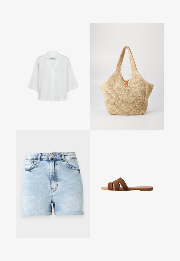 Blusa blanca de lino con mangas cortas, cuello con solapa y un ajuste suelto y relajado. Textura lisa sin patrones ni detalles.; Pantalones cortos de mezclilla azul claro con cintura alta, cinco bolsillos y dobladillos enrollados. Presenta un sutil desvanecimiento y herrajes en tono cobre.; Sandalia tipo slide de ante marrón con tres correas superpuestas, suela plana y costuras blancas en contraste en las correas para detalle.; Gran bolsa de paja con un exterior texturizado en color beige y dos asas anchas. Presenta una correa de acento de cuero para el cierre.