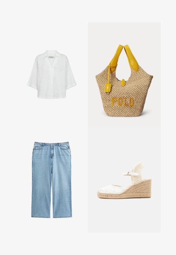 Witte linnen blouse met korte mouwen, voorzien van een kraag en een losse, comfortabele pasvorm. Effen structuur zonder patronen of accenten.; Lichtblauwe denim culottes met een hoge taille, brede benen en een vijf-pocket ontwerp met contrasterende stiksels en een knoopsluiting.; Witte kanten espadrille sleehak sandaal met enkelriem en gevlochten jute hak, getoond in zijaanzicht op een lichte achtergrond.; Beige geweven totebag met gele leren handvatten, een klein geel leren label en het woord "POLO" in geel geborduurd aan de voorkant.