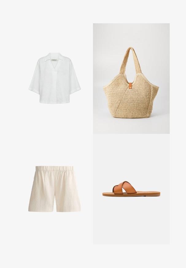 Blouse blanche en lin à manches courtes avec un col et une coupe ample et décontractée. Texture unie sans motifs ni accents.; Shorts en lin beige avec taille élastique et ourlets droits, conçus pour un usage décontracté.; Sandale diapositive en cuir marron avec des lanières croisées, semelle plate, texture lisse et caractéristiques de design minimaliste pour un usage décontracté.; Grand sac fourre-tout en paille avec un extérieur texturé beige et deux grandes poignées. Présente une sangle en cuir pour la fermeture.