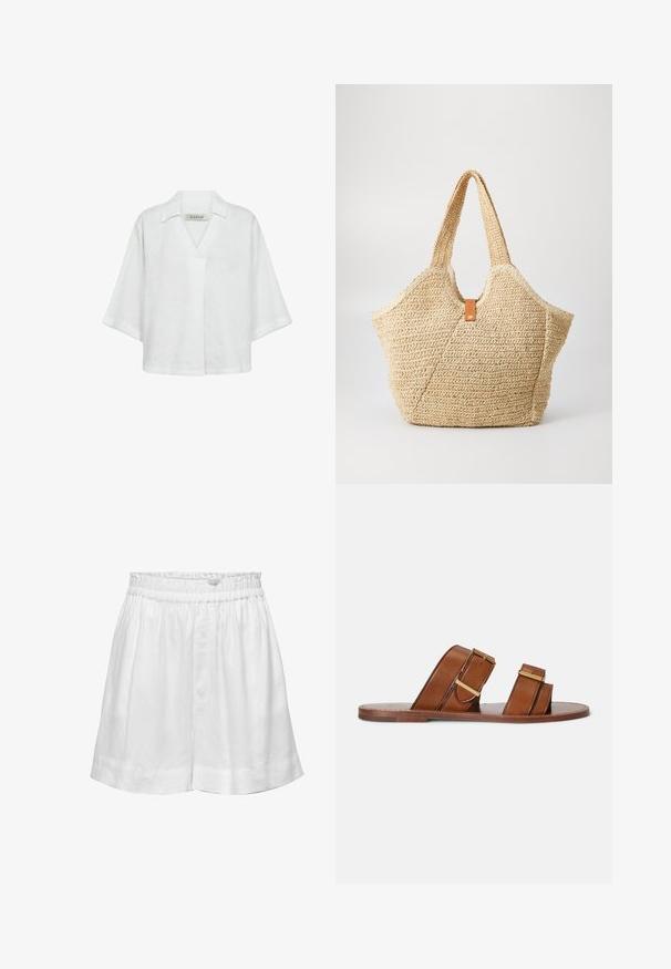 Witte linnen blouse met korte mouwen, voorzien van een kraag en een losse, comfortabele pasvorm. Effen structuur zonder patronen of accenten.; Witte linnen shorts met een elastische tailleband en een ontspannen fit. Voorzien van een gladde textuur en omgeslagen zoom voor extra detail.; Bruine leren slidesandalen met twee verstelbare banden, gespen in goudkleurige tint en een flat houten zool.; Grote stro tote bag met een getextureerde, beige buitenkant en twee brede handvatten. Beschikt over een leren accentriem voor sluiting.