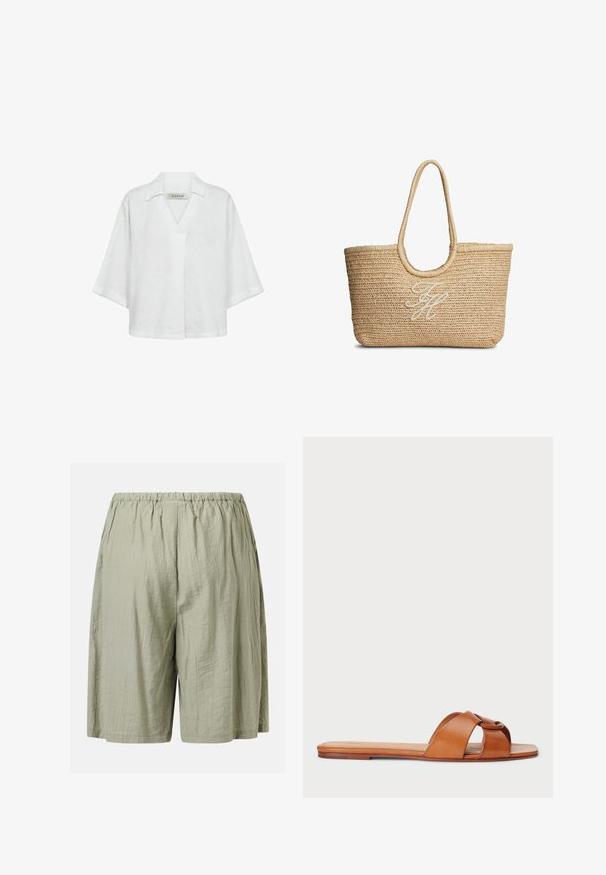 Blouse blanche en lin à manches courtes avec un col et une coupe ample et décontractée. Texture unie sans motifs ni accents.; Shorts vert clair à coupe ample avec une taille élastique et une texture subtile froissée.; Sandale en cuir marron avec deux brides croisées et une semelle plate. Texture lisse avec un minimum de coutures et des bords arrondis.; Sac cabas tissé en paille beige avec poignées arrondies et initiales brodées en cursive blanche au centre devant.