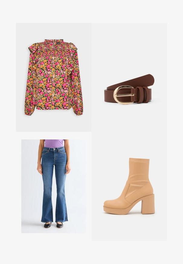 Vero Moda VMMIA SMOCK - Pikkade varrukatega topp - black/pink; Naine kannab siniseid kõrge vöökohaga bootcut-tüüpi teksaseid, musti baleriinasid ja lilla lühikese varrukaga särki, seisab ühevärvilise heleda tausta ees.; Even&Odd by Zalando Kõrge kontsaga poolsaapad - beige; Pruun nahkdate vöö läikiva kuldse pandlaga ja kahe nahastuubiga. Sile tekstuur, lame disain ja ümarad otsad.