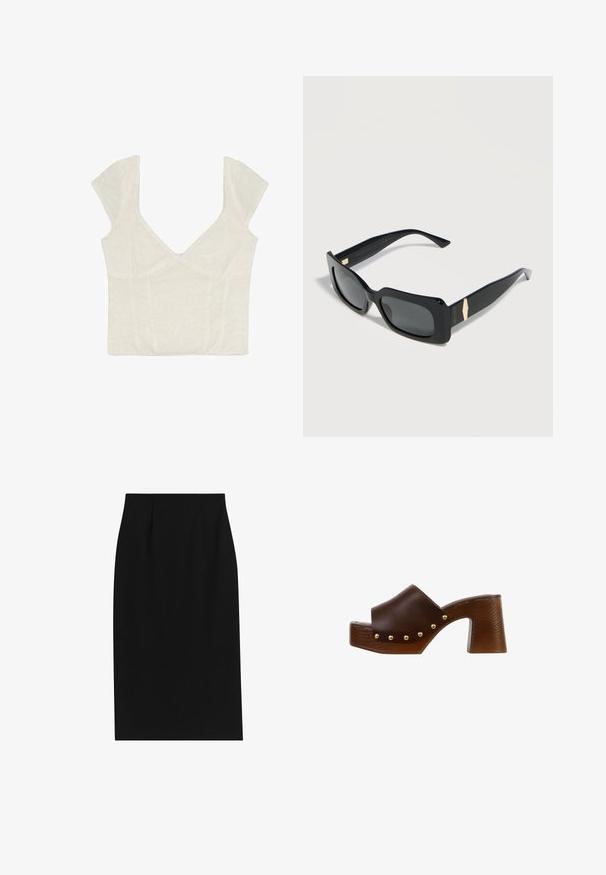 Hvid cropped top med korte flagrende ærmer, dyb V-udskæring og tætsiddende bodice med subtile sømdetaljer.; Sort blyantskørt med en glat tekstur, skræddersyet pasform og lodrette læg ved taljen, designet til en elegant silhuet.; Brun læder åben sko mule med guldnitter, træplatformsål og chunky høj hæl.; Sorte rektangulære solbriller med mørke linser og gulddetaljer på de tykke brillestænger, vist på en lys baggrund.