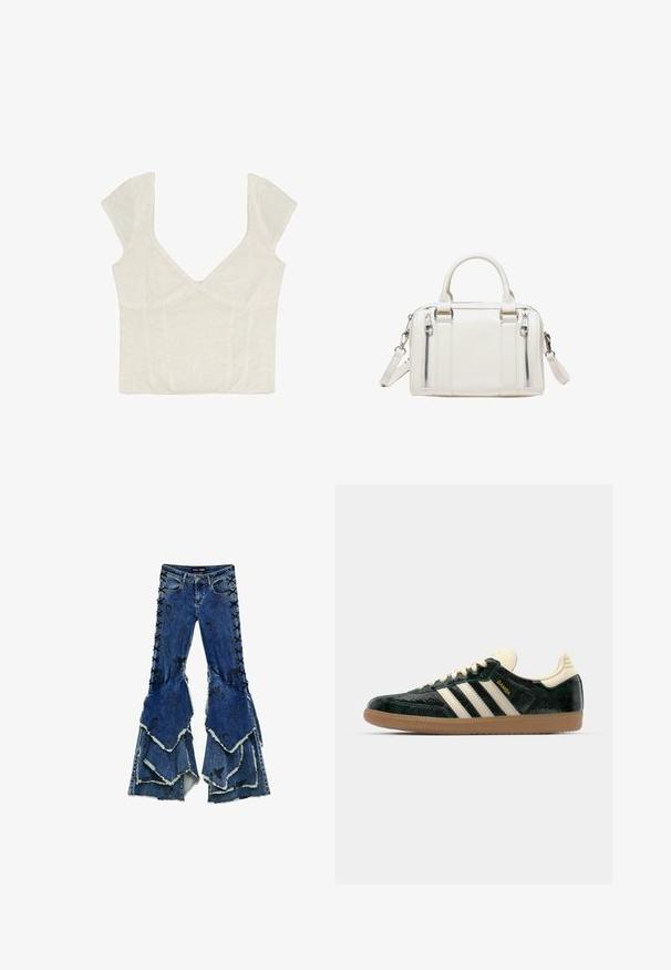 Haut court blanc avec manches courtes volantes, décolleté en V profond et corsage ajusté présentant des détails subtils de coutures.; Jean en denim bleu à pattes d'éléphant avec une conception de volants superposés, présentant des détails lacés noirs sur les côtés et des bords effilochés.; adidas Originals SAMBA OG - Baskets basses - cream white/collegiate green; Sac à main en cuir blanc avec deux poignées supérieures, bandoulière amovible et deux poches verticales zippées à l'avant.