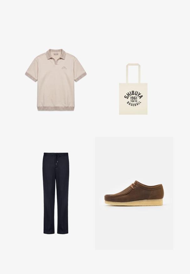 Beige poloshirt med korte ærmer med tekstureret krave, ærmeafslutninger, kant og "PEGADOR"-logo på venstre bryst.; Mørkeblå sweatpants lavet af blød stof, med elastisk talje og snøre, lige ben design og ingen synlige mønstre.; Brune lædersko med rund tå, lav profil, tanfarvede snørebånd og en lys gummisål. Glat tekstur med minimal syning.; Beige mulepose med to håndtag og sort tekst med teksten "Shibuya 1961 Tokyo Baseball" foran midt på.