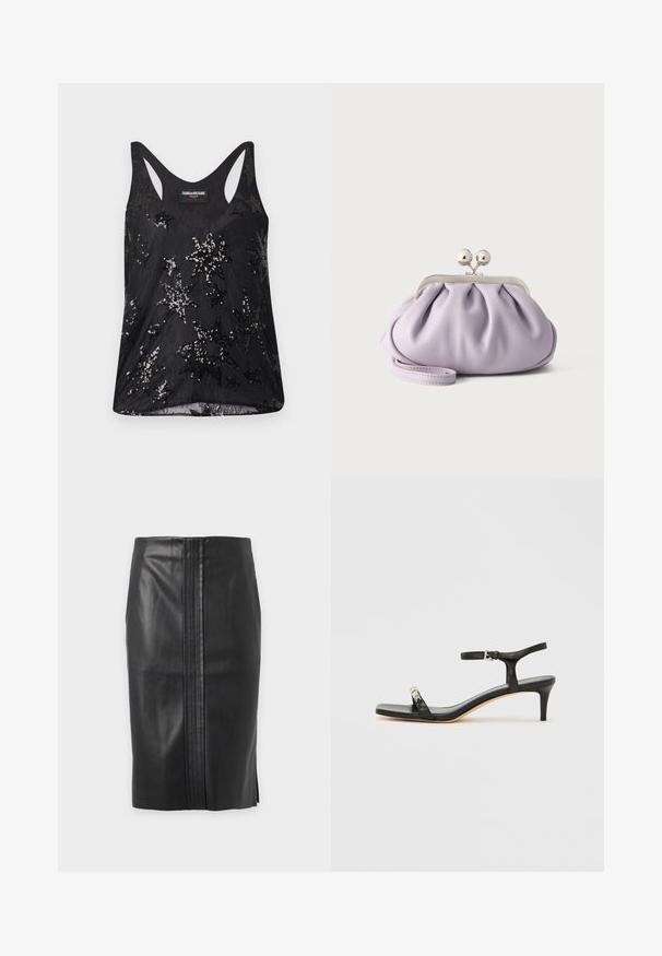 Débardeur noir en tissu doux, orné d'un motif d'étoiles en sequins, avec un col rond plongeant et des bretelles larges.; Jupe en cuir noire longueur genoux avec panneau cousu vertical au centre et petite fente latérale, présentée sur fond blanc.; Sandale noire en cuir à talon avec bride à la cheville, bout ouvert, devant carré et accent en métal argenté. Design ajusté avec un profil élégant.; Pochette lavande douce avec tissu froncé, fermoir kiss-lock argenté et bracelet assorti sur un fond clair uni.