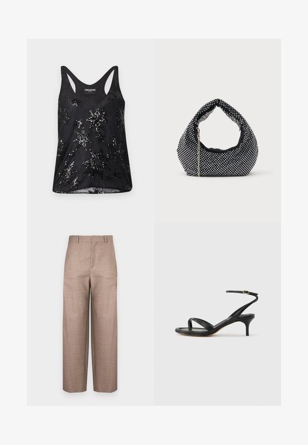 Débardeur noir en tissu doux, orné d'un motif d'étoiles en sequins, avec un col rond plongeant et des bretelles larges.; Pantalon marron texturé avec une coupe droite, taille mi-haute et sans quincaillerie ni poches visibles.; Sandale pour femme en cuir noir avec fines lanières, une boucle d'orteil, une boucle à la cheville et un talon aiguille de hauteur moyenne sur un fond neutre.; Sac à main en maille noire orné de clous en argent, avec une poignée incurvée et une bandoulière en chaîne. Texture douce avec une forme arrondie.