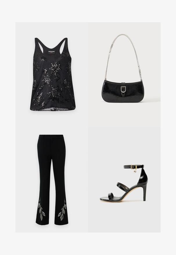 Camiseta sin mangas negra de tela suave con un diseño de estrellas en lentejuelas, con escote redondo y tirantes anchos.; Pantalones negros acampanados con diseños bordados de hojas plateadas en el dobladillo. Confeccionados en tela suave con cinturilla estructurada y ajuste ajustado.; Sandalia de charol negro con tres correas, hebilla en el tobillo y tacón de aguja de 10 cm. Presenta detalles de hardware en oro y un charm con el logo.; Bolso de hombro de charol negro con detalle de hebilla plateada y correa de cadena plateada, presentado sobre un fondo liso y claro.