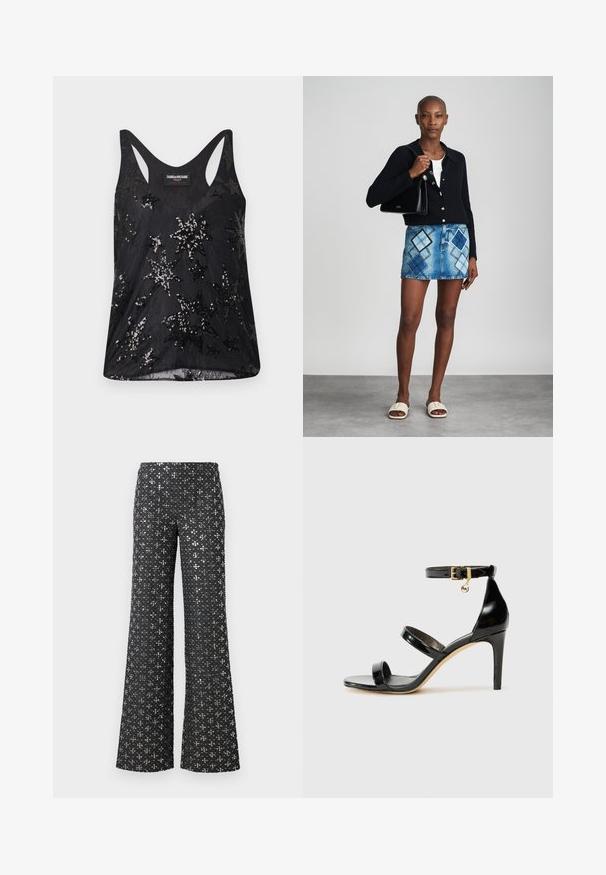 Schwarzes Tanktop aus weichem Stoff mit Sternenmuster aus Pailletten, rundem Ausschnitt und breiten Trägern.; Schwarze weit geschnittene Hose mit einem Pailletten-Textur und silbernen Akzenten, die ein gemustertes Erscheinungsbild über den gesamten Stoff erzeugen.; Schwarze Lackleder-Sandale mit drei Riemen, Knöchelriemen und 10 cm hohen Stiletto-Absatz. Verfügt über goldfarbene Hardware-Details und ein Logo-Charm.; Schwarze Strickjacke, weißes Oberteil, Jeansrock mit blauem und schwarzem Diamantenmuster, schwarze Handtasche und beige Rutschsandalen.