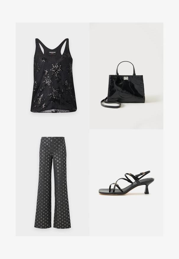 Zwart tanktop gemaakt van zachte stof met een patroon van sterren in pailletten, voorzien van een ronde halslijn en brede bandjes.; Zwarte wijde broek met een sequined textuur en zilveren accenten, die een patroon over de hele stof creëert.; Zwarte patenten leren sandalen met banden, een vierkante neus en een lage blokhak. Voorzien van goudkleurige hardware en verstelbare enkelsbandjes.; Zwarte handtas van lakleer met afgeronde handgrepen, een afneembare schouderriem en zilveren sluiting op een effen witte achtergrond.