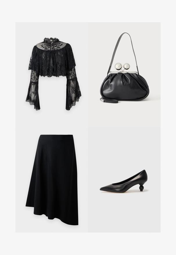 Zwarte kanten cropped blouse met uitlopende lange mouwen, hoge gerimpelde halslijn en bloemenpatroon op doorzichtige stof.; Zwarte A-lijn rok van soepel materiaal, met een diagonale naaddetail en een vloeiende uitstraling die subtiel valt bij de zoom.; Zwarte leren hoge hak schoen met een spitse neus en een ronde, bolle hak. Gladde textuur met een elegant, minimalistisch ontwerp.; Zwarte leren handtas met een geplooid ontwerp, een enkele schouderband, zilverkleurige metalen omlijsting en twee grote ronde zilveren sluitingen.