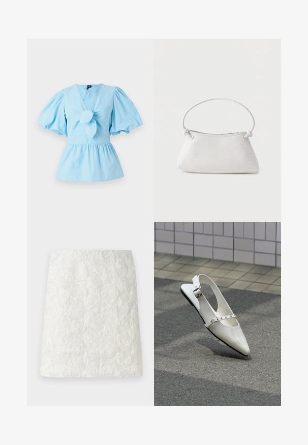 Haut bleu clair à manches bouffantes avec un décolleté en V, détail noué sur le devant et une taille ajustée qui s'élargit en un ourlet peplum. Tissu en coton.; Jupe mini blanche avec une surface texturée ornée de motifs floraux en relief ressemblant à des roses, fabriquée en tissu léger.; Chaussure plate slingback blanche pointue avec deux boucles argentées, présentée en extérieur sur un sol texturé et un mur carrelé en arrière-plan.; Sac à main en cuir tressé blanc avec poignée arrondie et extrémités de lanière nouées, présenté sur un fond uni.
