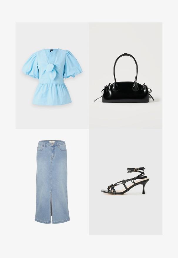 Helles blaues Oberteil mit Puffärmeln, V-Ausschnitt, geknotetem Vorderteil und einer taillierten Passform, die in einen Peplum-Saum übergeht. Baumwollstoff.; Hellblaues Denim-Midirock mit einem Schlitz vorne, geradem Schnitt, klassischem Fünf-Taschen-Design und einem verwaschenen Finish. Mit weißem Markenlabel.; Schwarze Lackleder-Sandale mit hohen Absätzen und Riemchen-Design, verstellbarem Knöchelriemen und geknoteten Details. Glatte Textur, spitze Zehen.; Kleine schwarze glänzende Handtasche mit zwei langen Griffen und seitlichen Kordelzug-Details vor einfachem hellem Hintergrund.