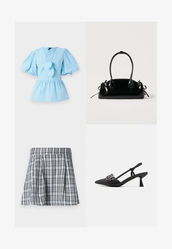Top de manga abullonada azul claro con escote en V, detalle de nudo en la parte delantera y una cintura ajustada que se abre en un dobladillo de peplum. Tela de algodón.; Falda corta de cuadros en gris y blanco, con pliegues y una cinturilla. Hecha de tela ligera, con rayas verticales y horizontales.; Simmi London DALA - Tacones - black; Pequeño bolso negro brillante con dos asas largas y detalles de cordón lateral sobre un fondo claro liso.