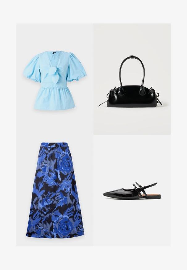 Hele sinise puffy varrukatega pluus V-kaelusega, sõlmitud eesmine detail ja sobiv talje, mis laieneb peplum alläärde. Puuvillane kangas.; Laienev seelik sinise lillemustriga mustal taustal. Elastne vöökoht, kerge kangas ja põlveni ulatuv disain.; Mustad lakknahast slingback kingad on terava ninaga, kahe rihmaga, millel on klambriga aktsendid, ning lame tald.; Väike must läikiv käekott kahe pika sangaga ja külgedel paelakinnitustega, ühel lihtsal helel taustal.